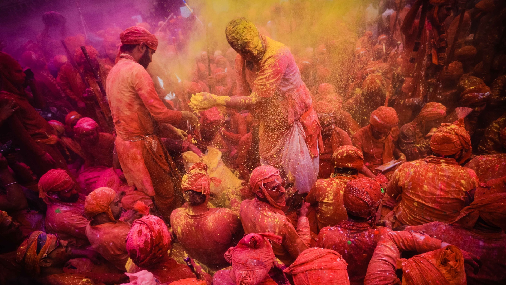 Holi at Banke Bihari Temple, Vrindavan, Mathura district, Uttar Pradesh, India.
